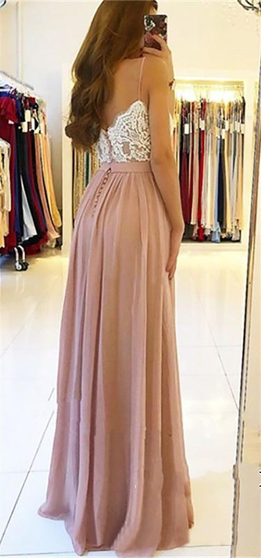 2021 Elegant Lace Long Bridesmaid Dresses Spaghetti Open Back High Side Split Sweep Train Country Style Wedding Guest Gowns Maid Of Honor Dresses
