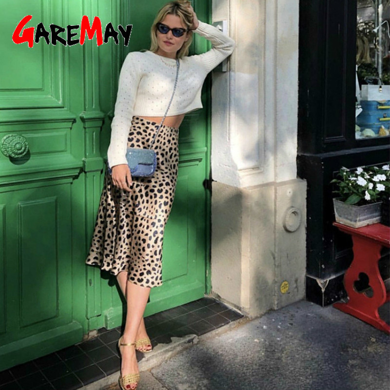 Women's Leopard Silk Satin Skirt Vintage Sexy Slim Wild Long High Waist Midi For Women A-Line Elegant s Summer 210428