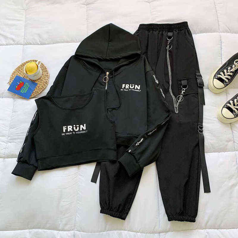 Spring Chain Cargo Pants Female 2 piece Hooded Sweatshirt+Joggers Women Letter Printed Black Set Wemon 211115