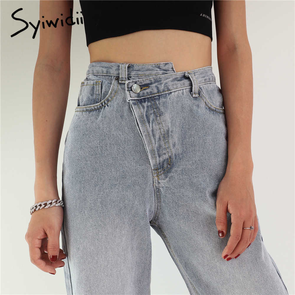 Syiwidii Button Up Jeans for Women Fashion Korean Denim Pants Irregular High Waisted Straight Streetwear Baggy 210922