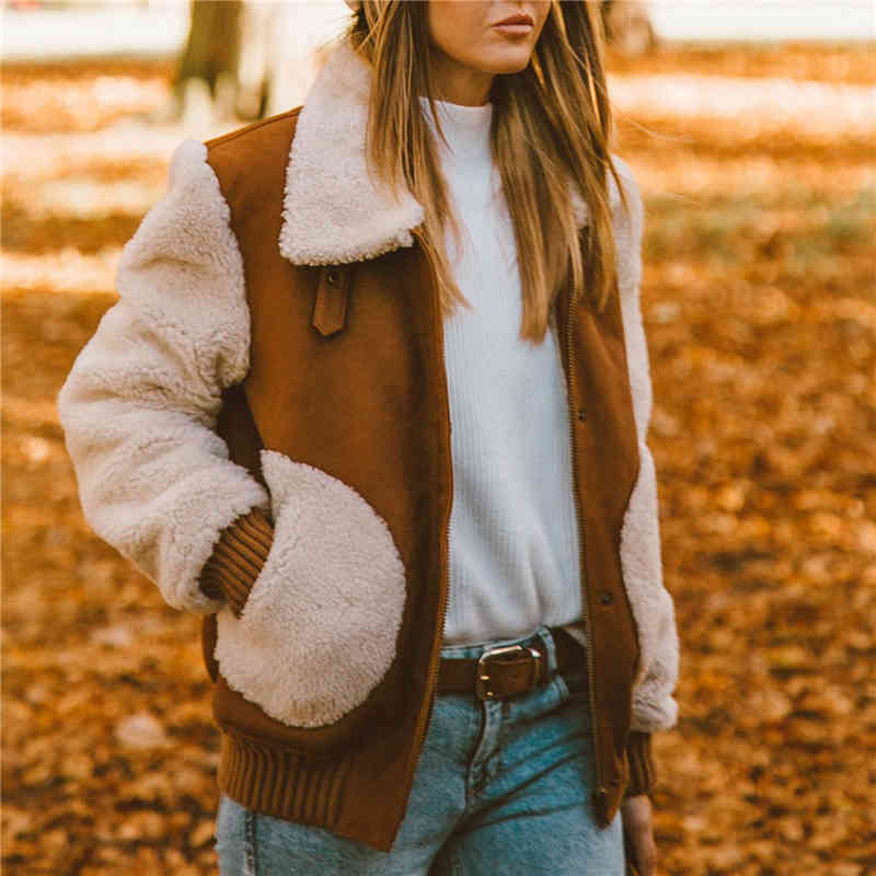 fashion women grain cashmere patchwork jacket streetwear lady turn down collar outerwear causal female pocket 210430