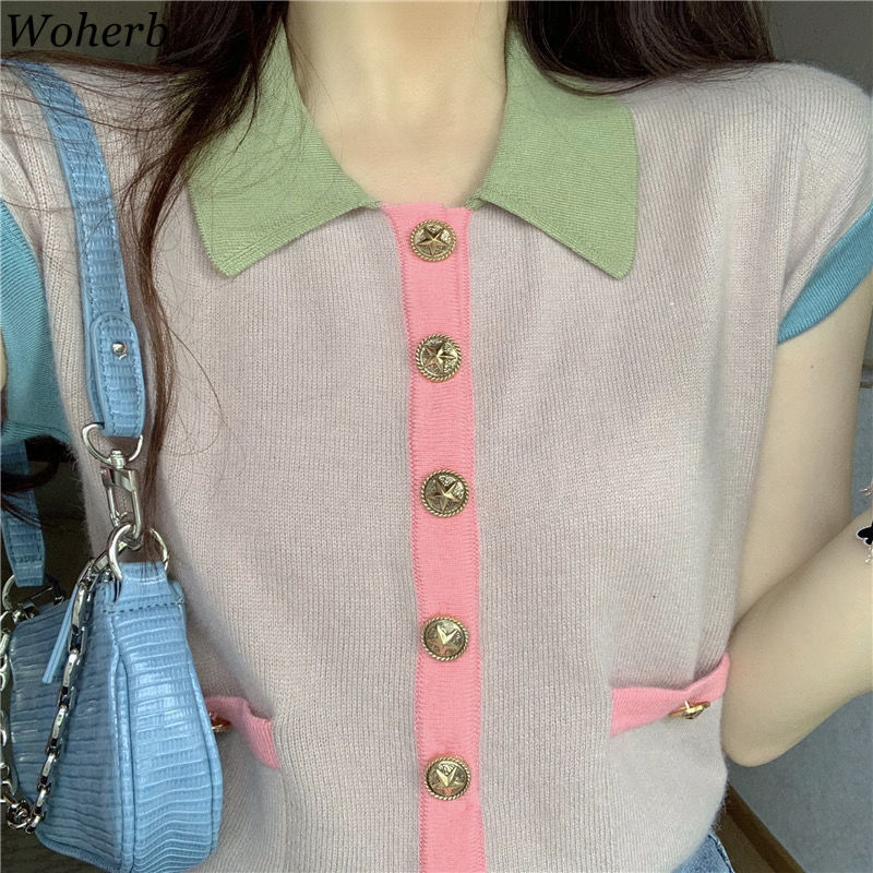 Summer Thin Tee Short-Sleeved Contrast Color Patchwork Knit Cardigan Chic All Match Tops Casual Gentle T-shirts 210519