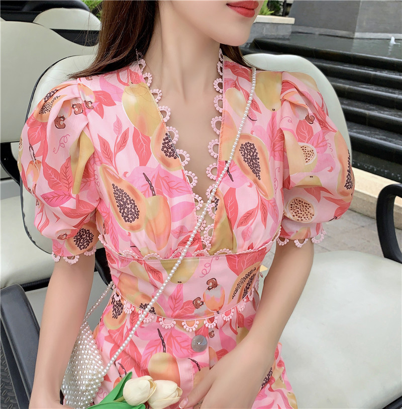 Vintage Summer Sweet Floral Printed V-Neck Single Breasted Puff Sleeve Women Female A-line High Waist Vacation Midi Dress 210519