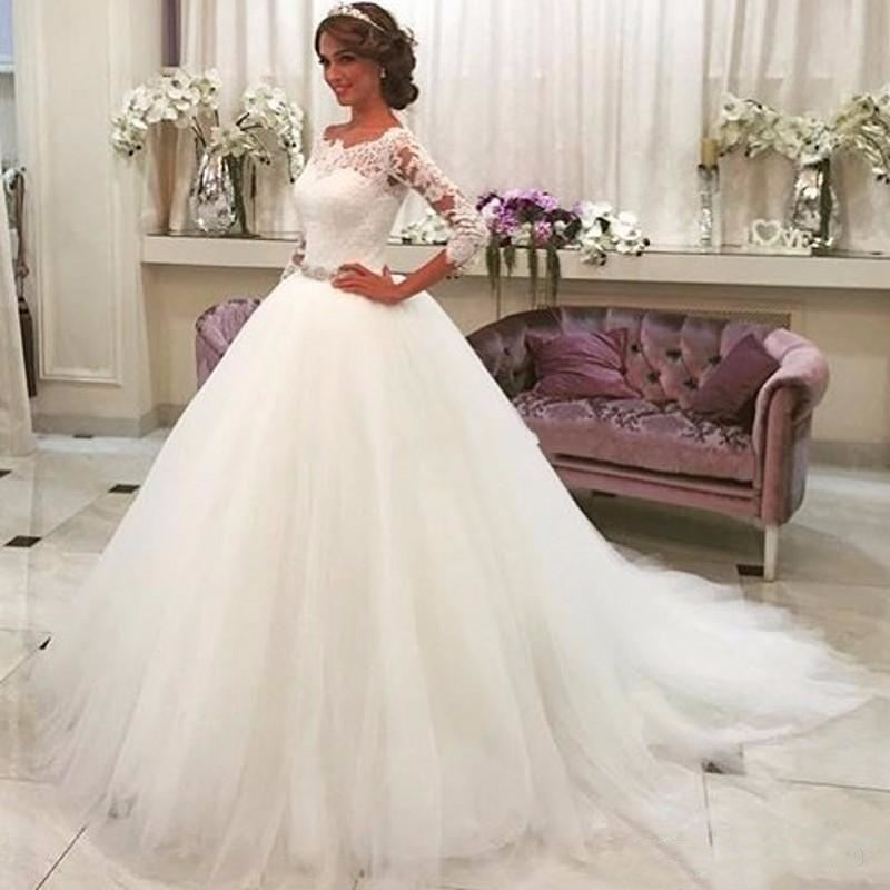 2022 Ivory A Line Wedding Dresses Bridal Gowns Half Sleeve Lace Appliques With Crystals Belt Long Tulle Arabic Bride Formal Dress Vestidos
