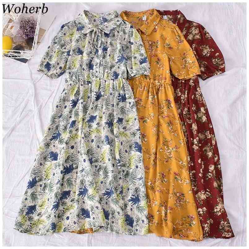 Girls Kawaii Chiffon Dress Floral Print Vintage Boho Women Ruffle Tie Front V Neck Summer Ladies Sweet 210519