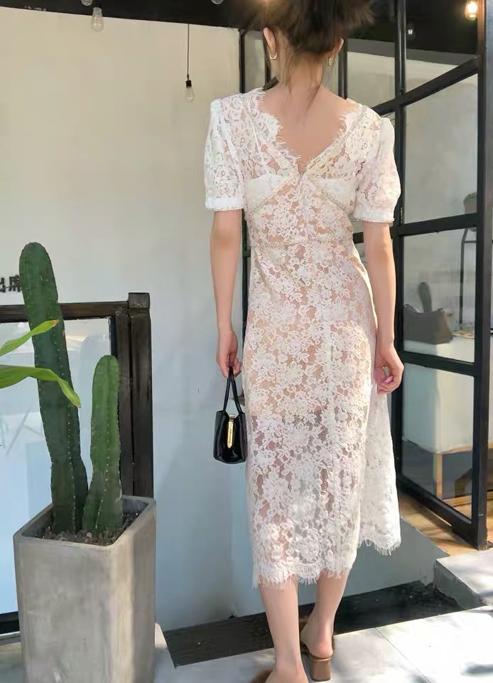 Vintage Cream White Lace V-neck Puff Sleeve Midi Dress Crysral HIgh Quality Part Dinner Boho Dresses Summer ropa mujer 210421
