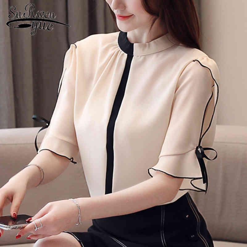 Summer Large Size Hit Color Loose Slim Chiffon Blouse Women Short-Sleeve Stand Collar All-match Ladies' Shirt 8956 50 210427