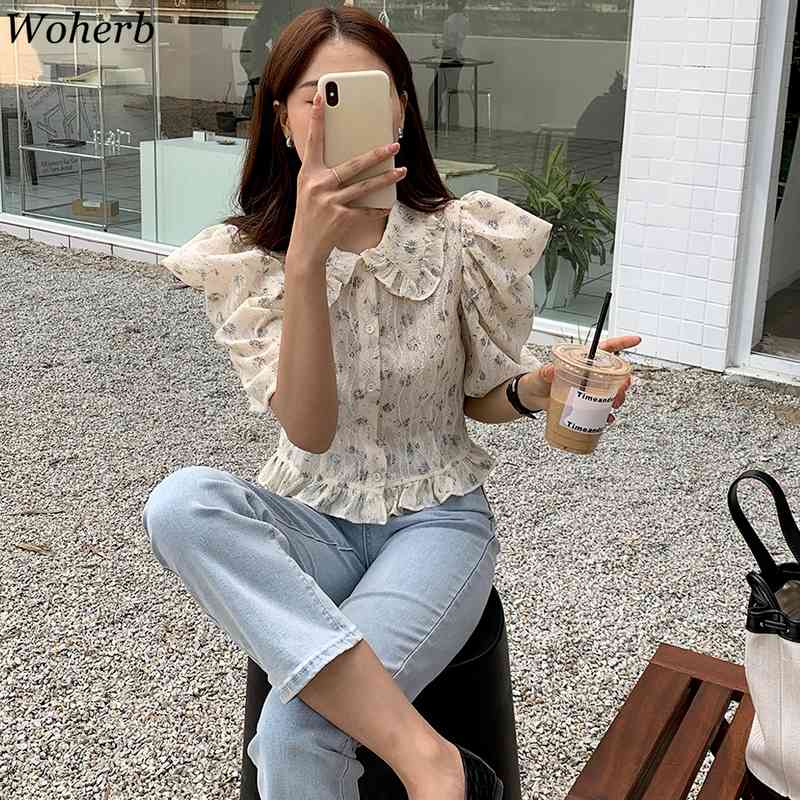 Korean Floral Blouses Women Ruffles Peter Pan Collar Puff Sleeve Shirts Vintage Elegant Blusas Sweet Single Breasted Tops 210519