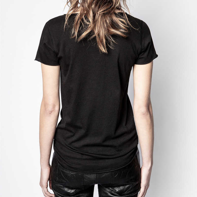 100% Cotton Women's U-Neck Tshirt Letter Heart Embroidery Button White Black Gray Simple Tees Summer 210720