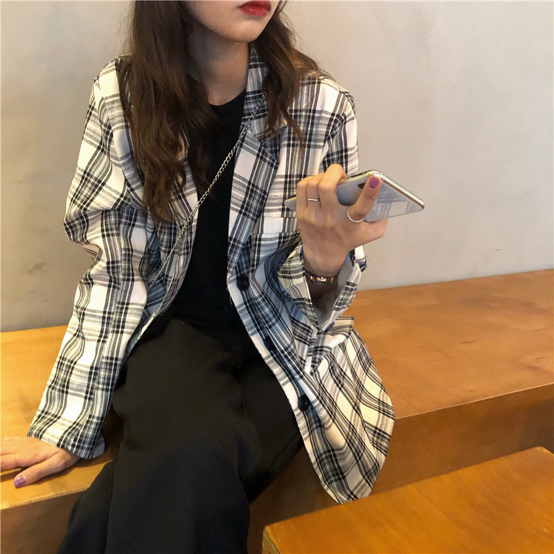 Retro Color-Hit Women Elegant Plaid Office Lady Pockets Geometric Loose High Street Sweet OL Fashion Blazers 210421