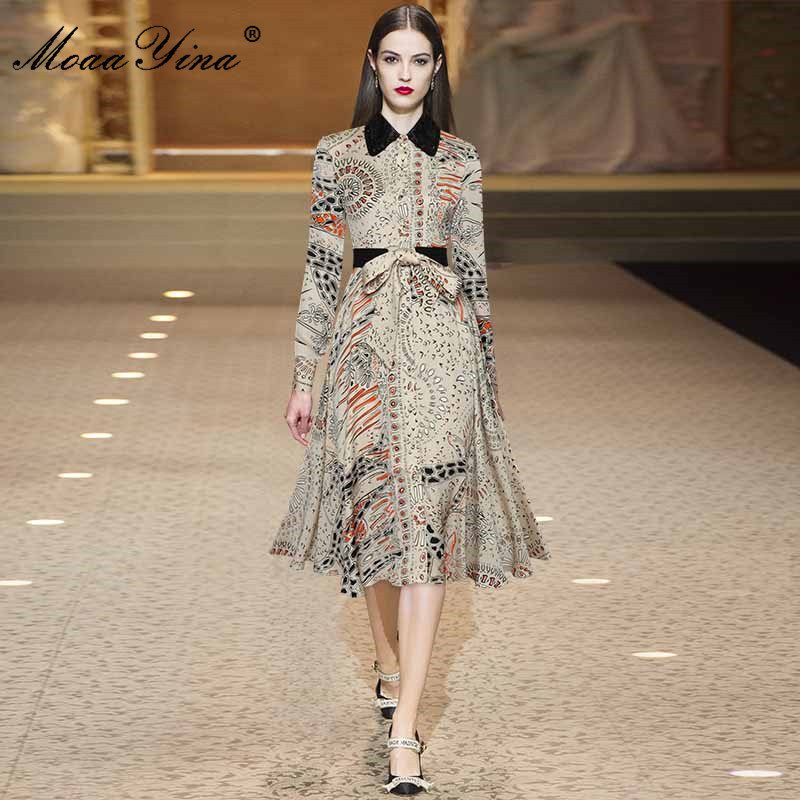 Fashion Runway Summer Vintage Party Dress Women Turn-down Collar Long sleeve Single-breasted Print High waist Midi Dres 210524