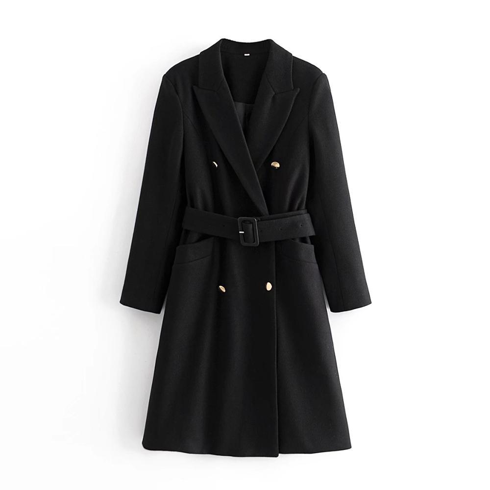 Winter Woolen Blends Long Coat With Belt Women Double-breasrted Sleeve Mid-calf Trench OL Slim fit Sahses Outerwear 210429