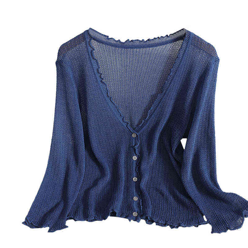 Summer wild casual knitted small cardigan for womens top jacket Korean Ruffles V-neck blouse cardigans hollow knit sweater women 211117