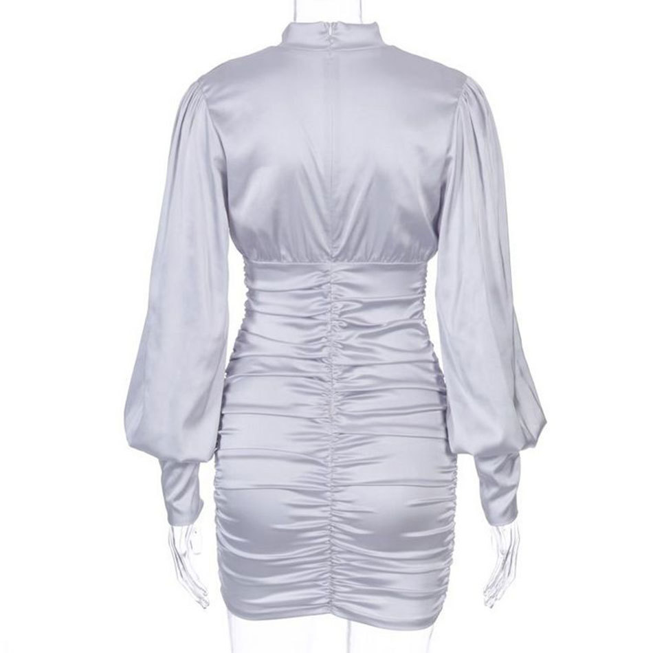 Free Sexy Satin Bodycon Mini Dress Women Stand Collar Lantern Sleeve Hollow Draped Club Party Vestidos 210524