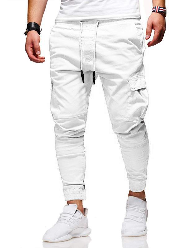 Men's Casual Mid-Waist Lace-up Pocket Jogging Pencil Pants Autumn Winter Fashion Solid Color Sports Cross-Pants