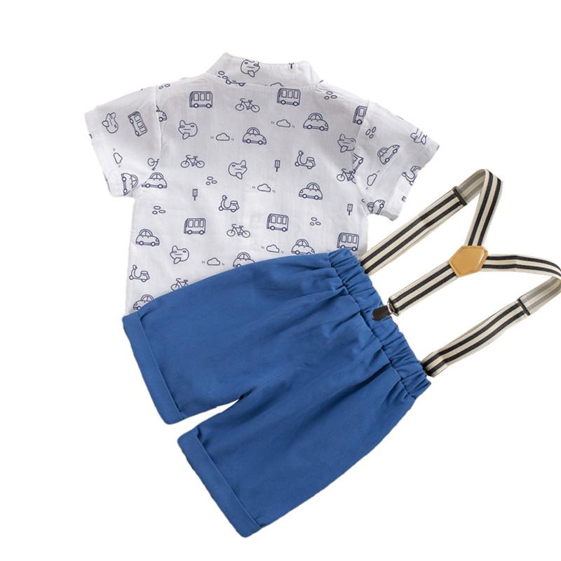 Clothing Sets Summer Little Boys Shirt Shorts Set Toddlers Car Printing Short Sleeve Stand Collar Bow Tie Top + Suspender Trousers