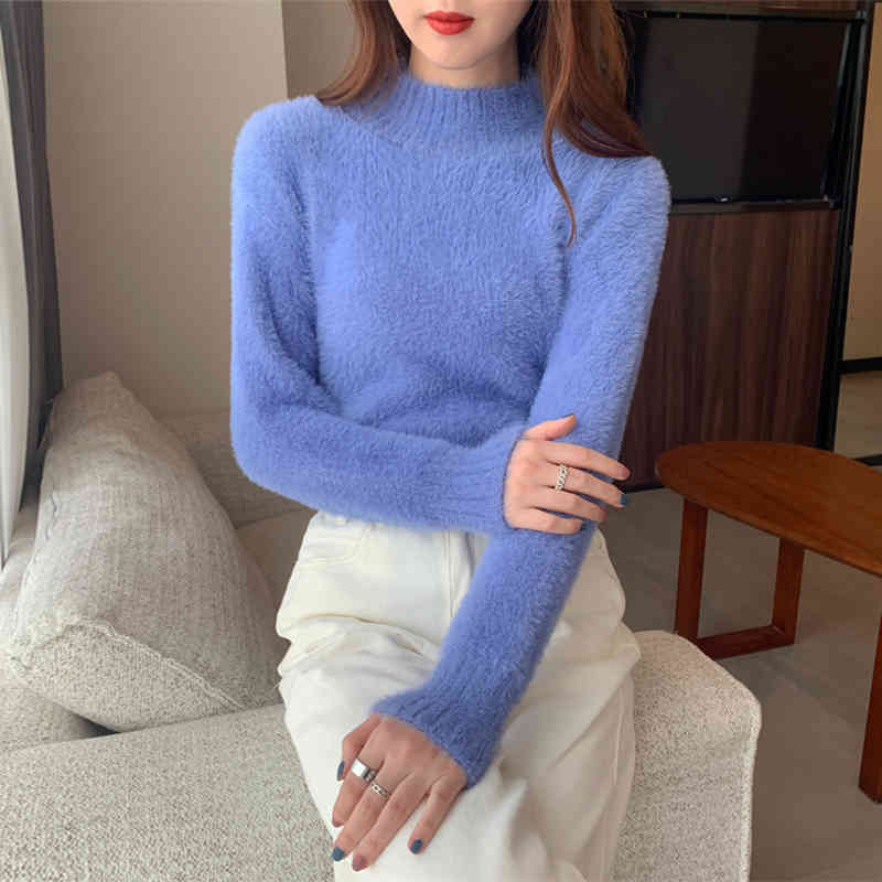 Comelsexy Turtleneck Warm Knitted Sweaters Womens Korean Style Sweet Mink Cashmere Pullovers Woman Gentle Casual Tops 210515