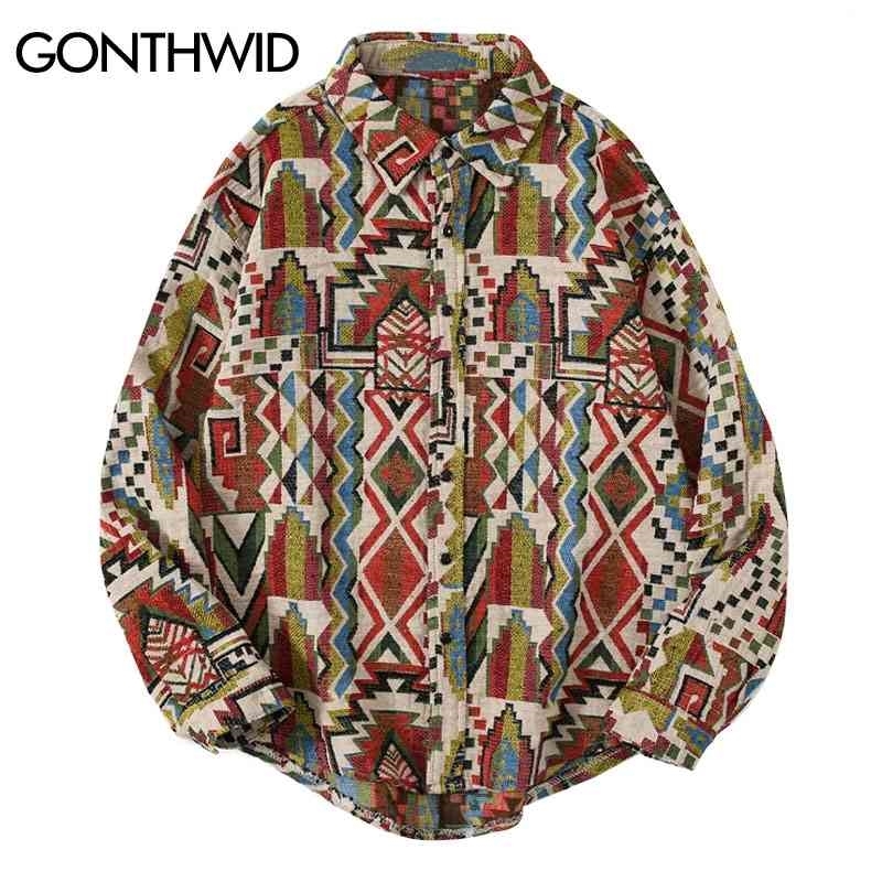 GONTHWID National Style Knitted Geometric Patterns Color Block Button Shirts Harajuku Casual Long Sleeve Tees Tops Streetwear 210410