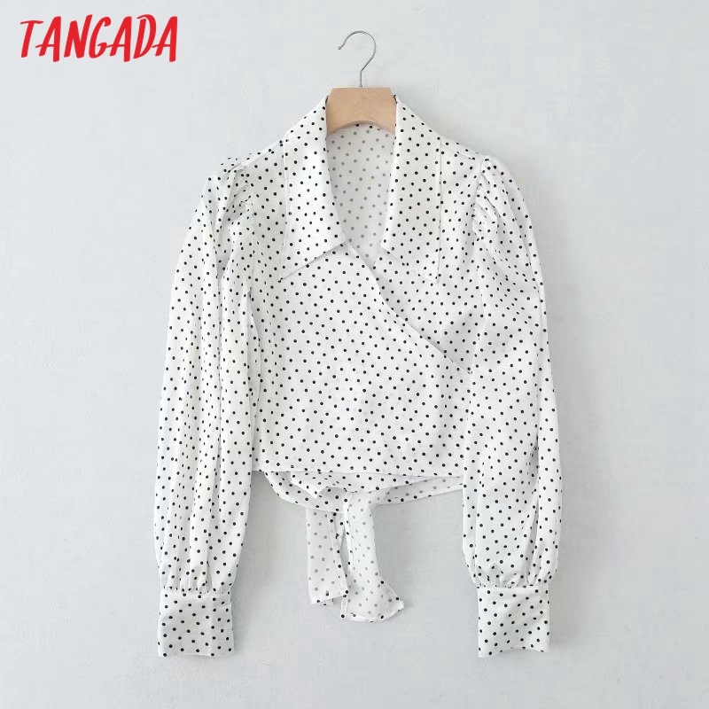 Women Retro Dots Print Chiffon Shirt Blouse Back Bow Ruffles Long Sleeve Chic Female Tops 5B10 210416