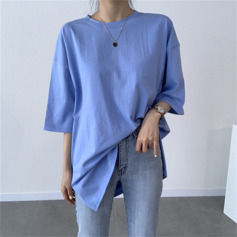 Loose Oversize Solid Casual Basic Korea Brief Minimalist Split Fashion Women Arrival Shirt Tops T-shirt 210421