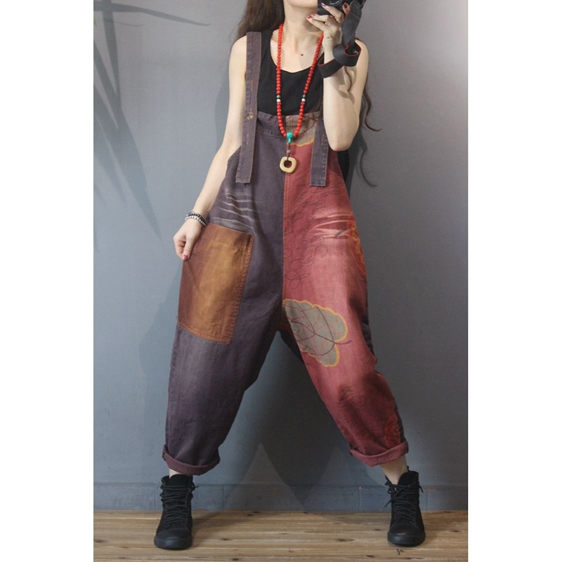 Spring Summer Arts Style Women Loose Casual Jumpsuits Cotton Denim Patchwork Print Vintage Jumpsuit high quality S875 210512