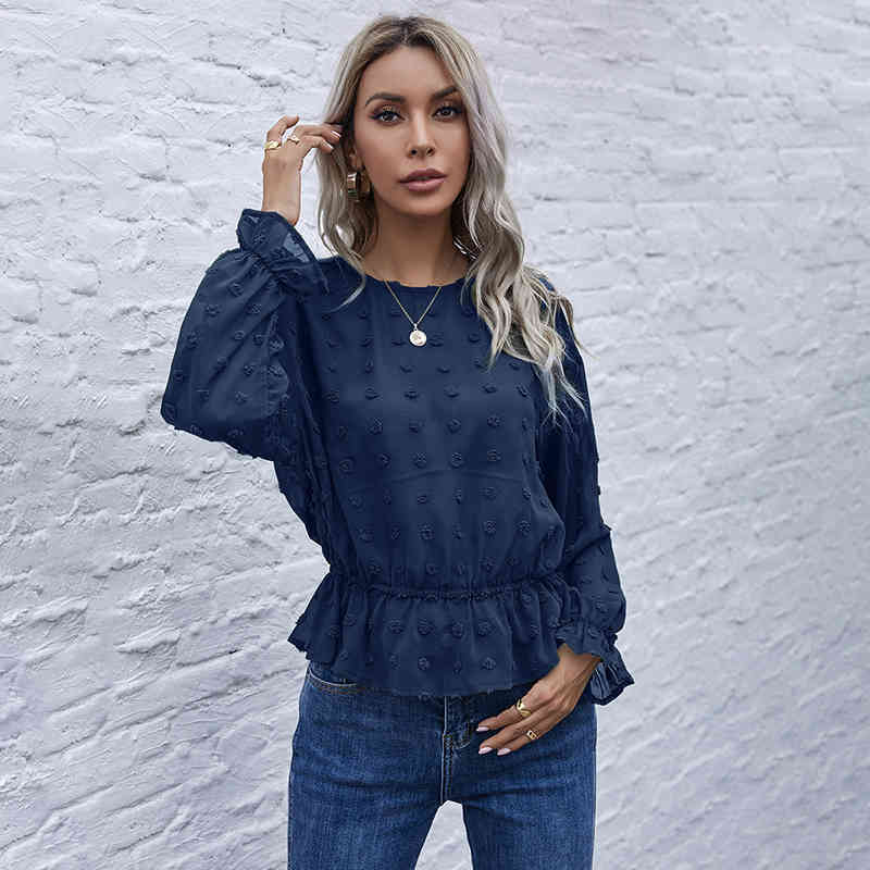 O-Neck Swiss Dot Flounce Sleeve Ruffle Hem Blouse Women Spring Long Fashion See Through Ladies Sheer Top 210510