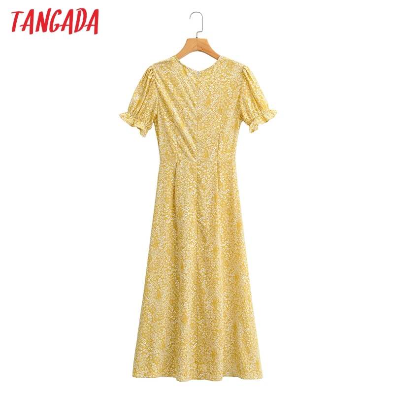Women Summer Flowers Print V Neck Short Sleeve Ladies Midi Dress 1F92 210416