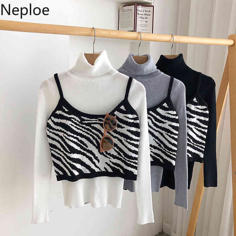 Neploe Two Piece Outfits for Women Korean Fashion All-match Suit Knitted Pullover Zebra Stripe Sling Fall Clothes 2 Piece Set 210422