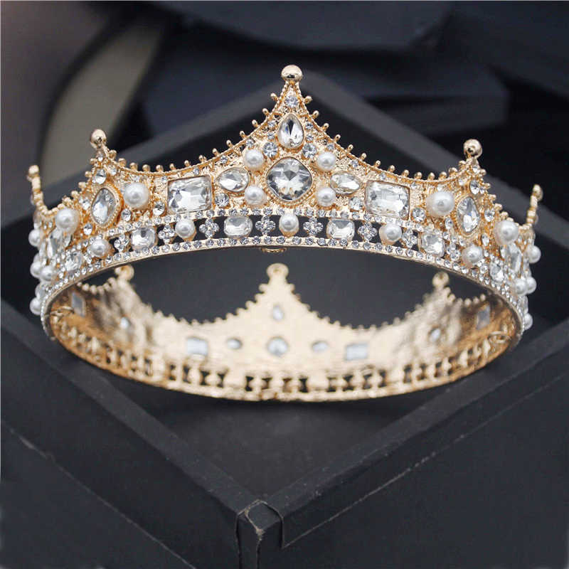 Baroque Royal King Diadem Men Crystal Pearls Metal Tiaras Wedding Crown Hair Jewelry Big Head Ornaments Prom Party Accessories 211006