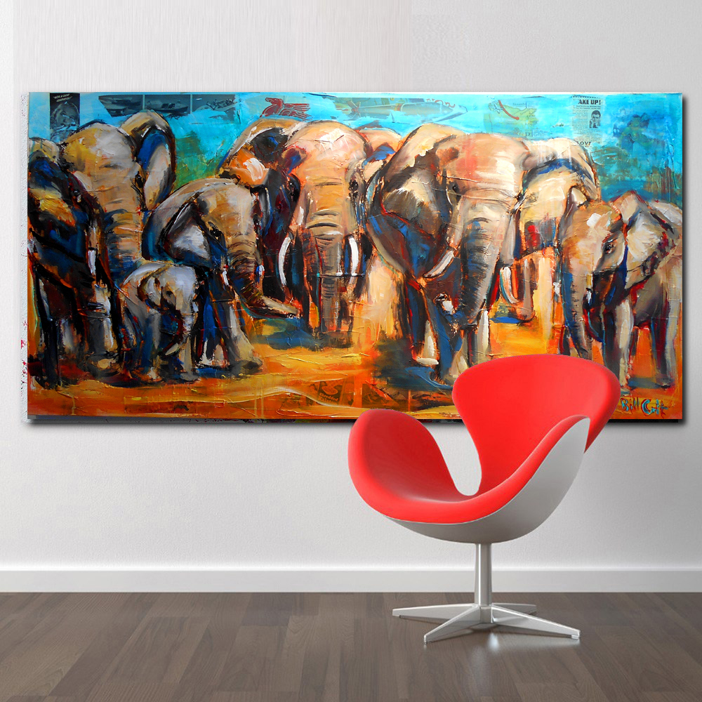 Animal Art African Elephant Family Big Canvas Paintings Wall Art Prints Printing Posters Picture For Living Room Home Decor