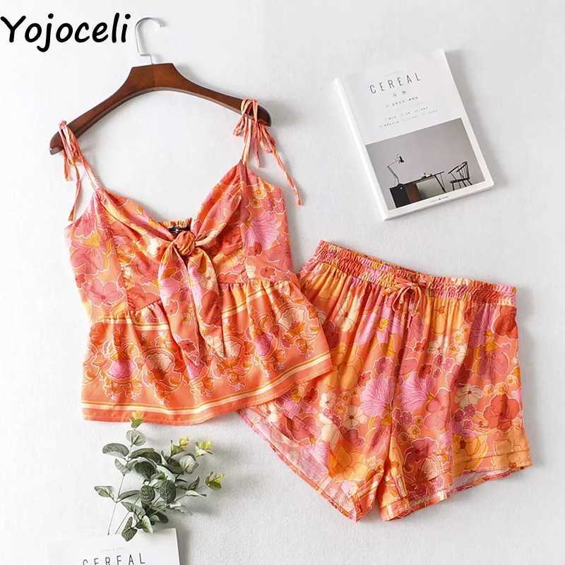 Yojoceli Sexy print boho bow short playsuit two piece set Summer elegant casual cool jumpsuit Beach daily strap overalls 210609