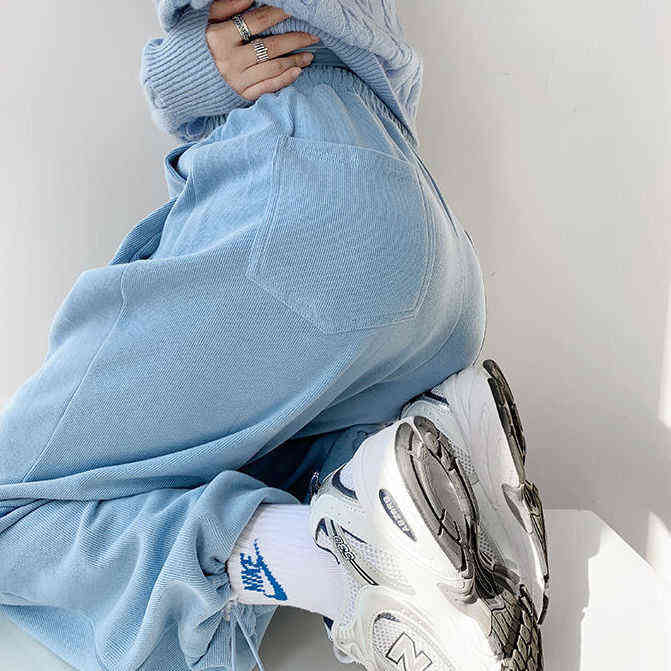 Loose women spring and autumn high-waist harem trousers padded pants pink blue solid stacked sweatpants cotton Straight 211112