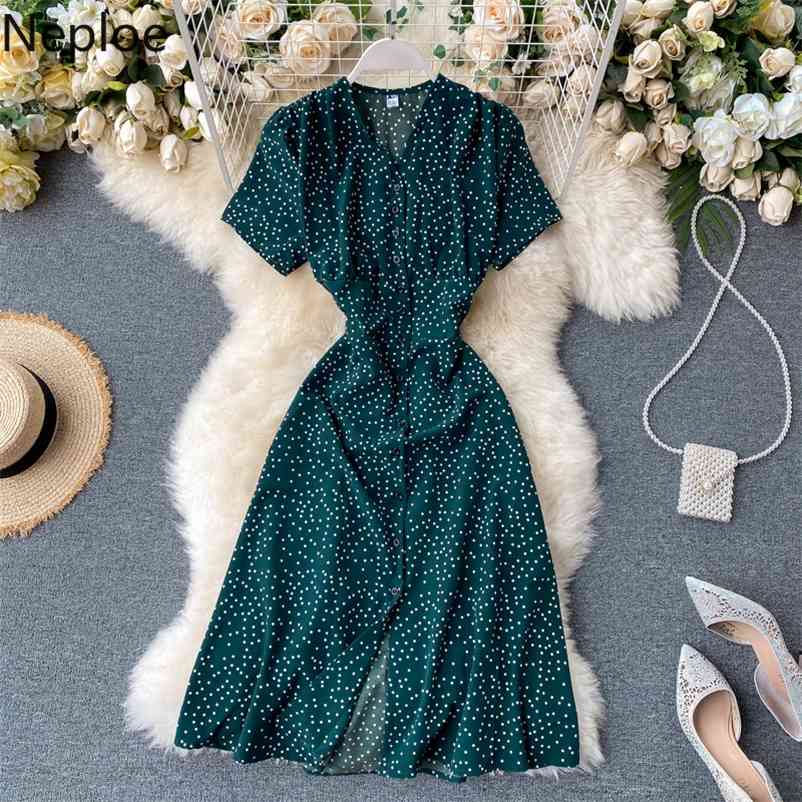 Polka Dot Dress Women French V Neck Short Sleeve Ladies Vestidos Summer Elegant Slim Waist Female Dresses 1D621 210422Z