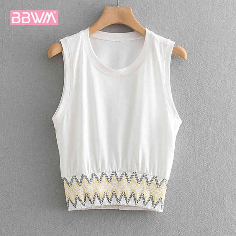 Sleeveless Geometric Color-matching White Elastic Waist Chic Women's T-shirt Summer Harajuku Female Tops 210507