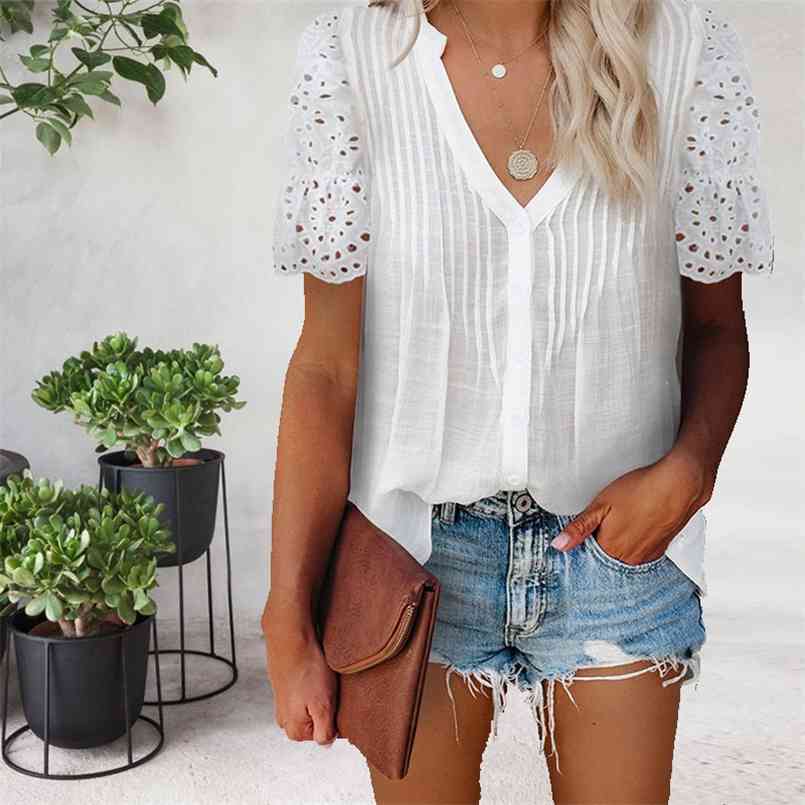 Summer Solid Color V-neck Pleated Lace Stitching Short-sleeved Shirt Casual Elegant Chiffon 6 Colors Plus Size S-5XL 210708, White
Summer Solid Color V-neck Pleated Lace Stitching Short-sleeved Shirt Casual Elegant Chiffon 6 Colors Plus Size S-5XL 210708, White