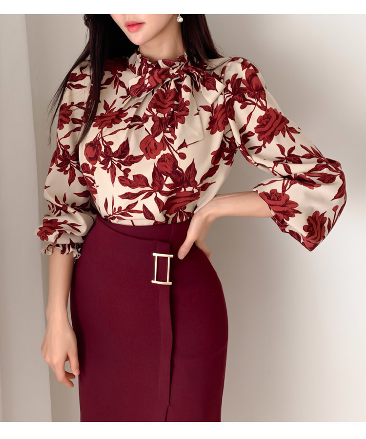 Spring Women Suits Print Long Lantern Sleeve Shirt Slim Fit Hip Mini Skirt Two Piece Set S01303M 220302