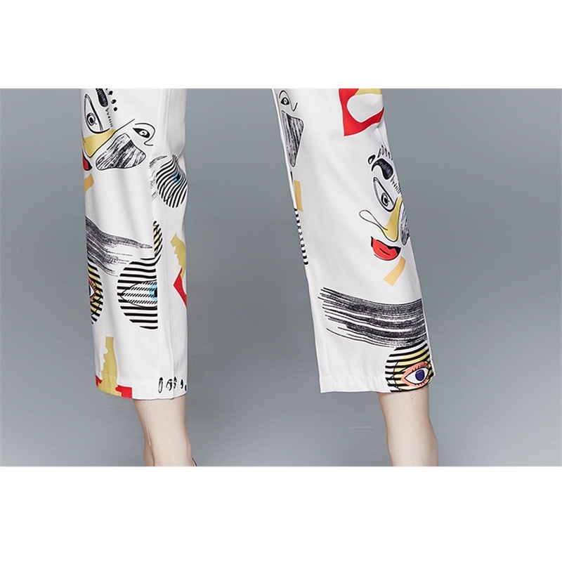 Women Suits office sets Long Sleeve Cartoon Geometric Print One Button Turn-down Collar Blazer + Pencil pant suits for women 210506