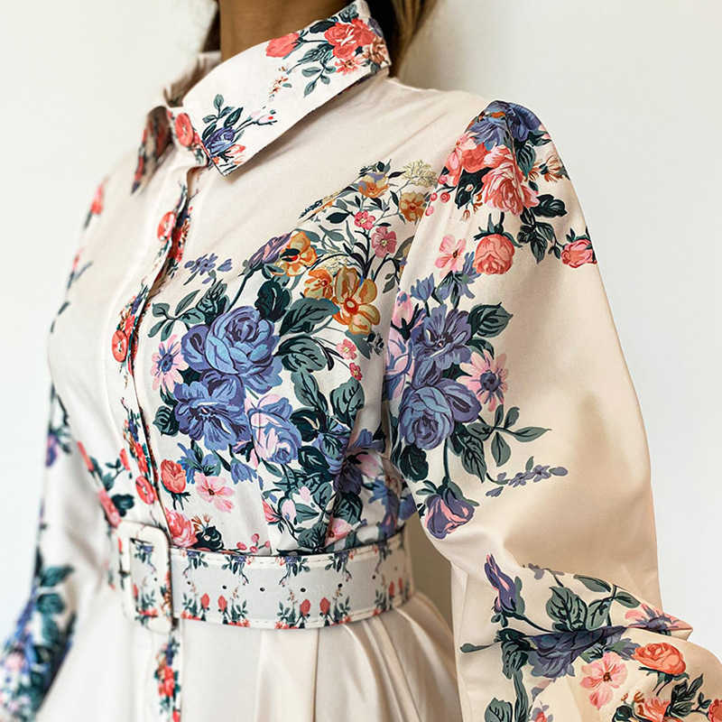 Women Dress Retro Printed Maxi es Long Sleeve Single Breasted Belt Vintage Plus Size Ladies es 210524