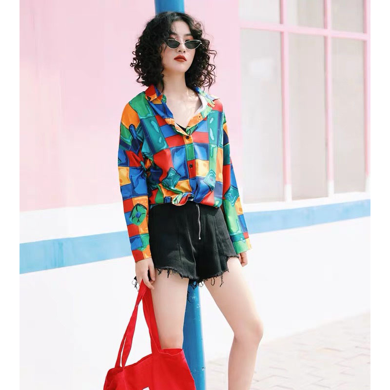 Women Geometr Pattern Print Casual Plus Size Blouse Lapel Long Sleeve Loose Fit Shirt Colourful Holiday Spring Autumn 210421
