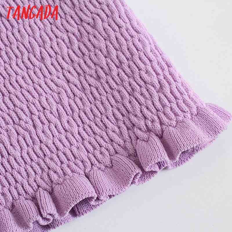Women Fashion Beading Buttons Strethy Cropped Knitted Sweater Puff Sleeve Ruffled Female Pullovers Chic Tops BE494 210416