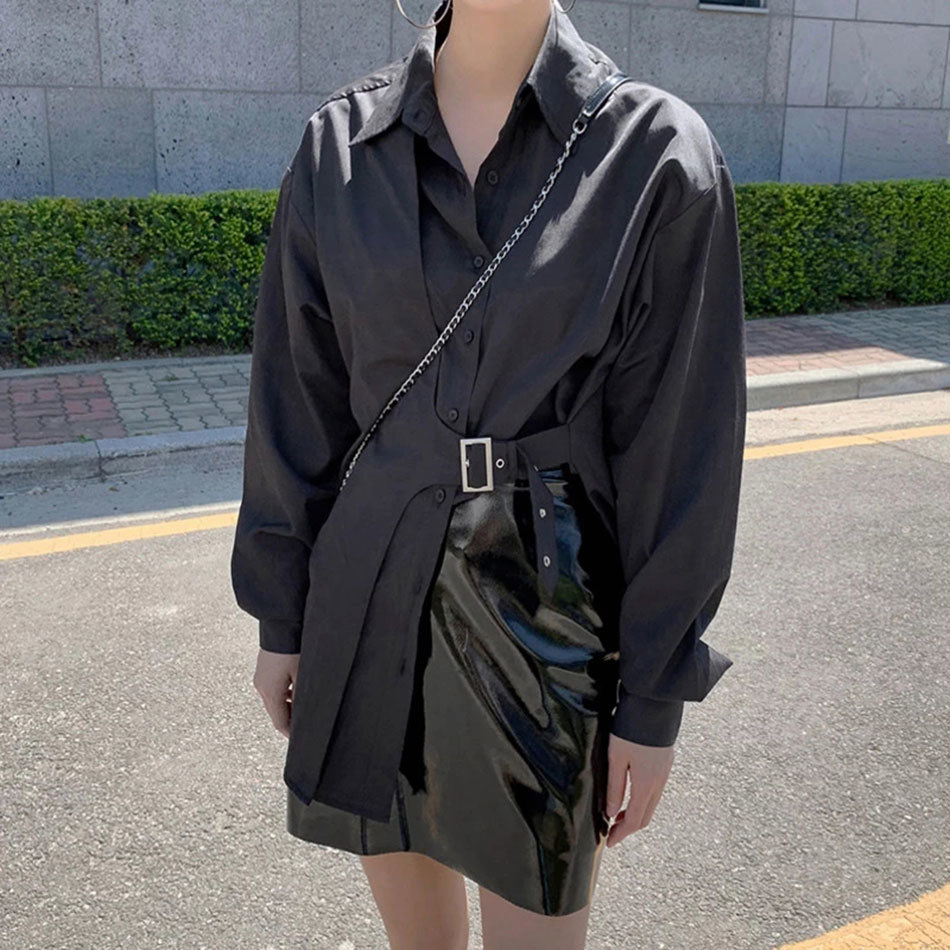 Free Chic Women's Shirt Blusas Lapel Long Sleeve Simple Fashion Blue Irregular Top Autumn 210524