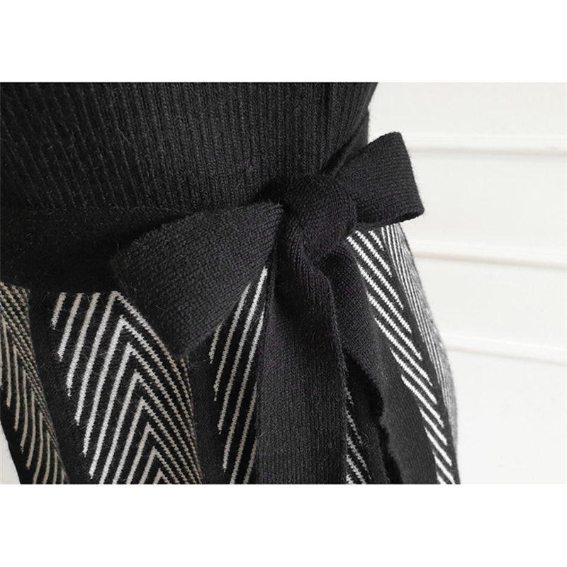 Autumn Winter Women Vintage Turtleneck Full Sleeve Geometry Patchwork Knitted Sweater Dress Chic Big Swing Vestidos 210520