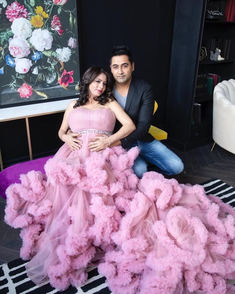 Luxury Pink Ruffles Maternity Dress Strapless Crystal Pleats Pregnant Women Evening Dresses Plus Size Lingerie Bathrobe Nightwear Gowns