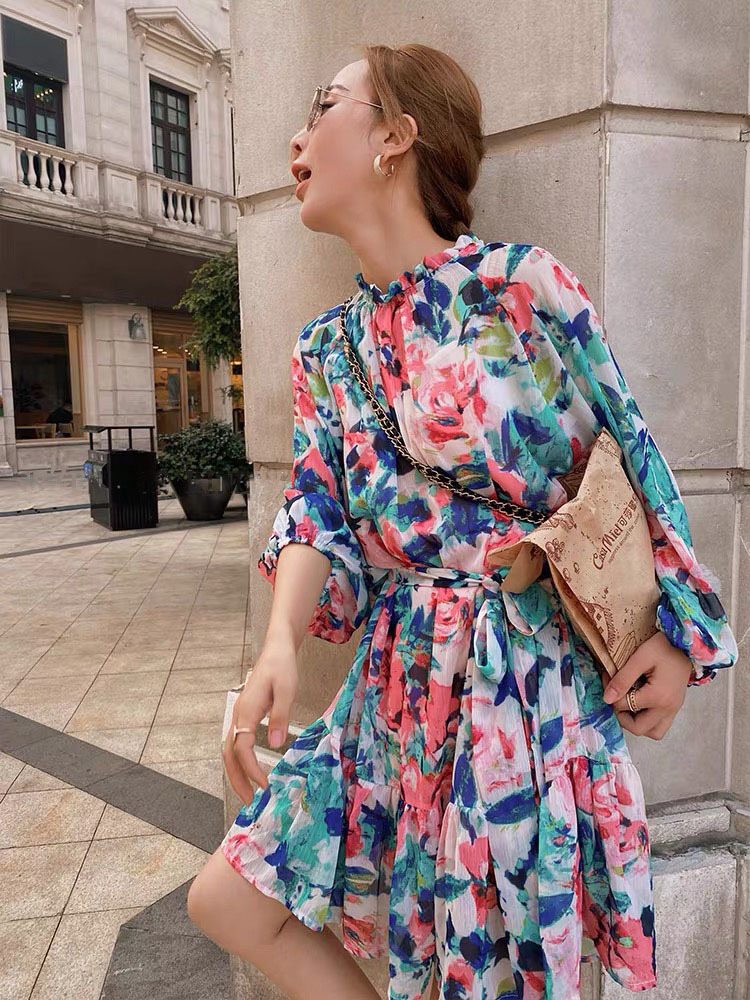floral summer mini dresses for women loose casual lantern sleeve ruffles flower dress belt boho holiday beach plus size 210421