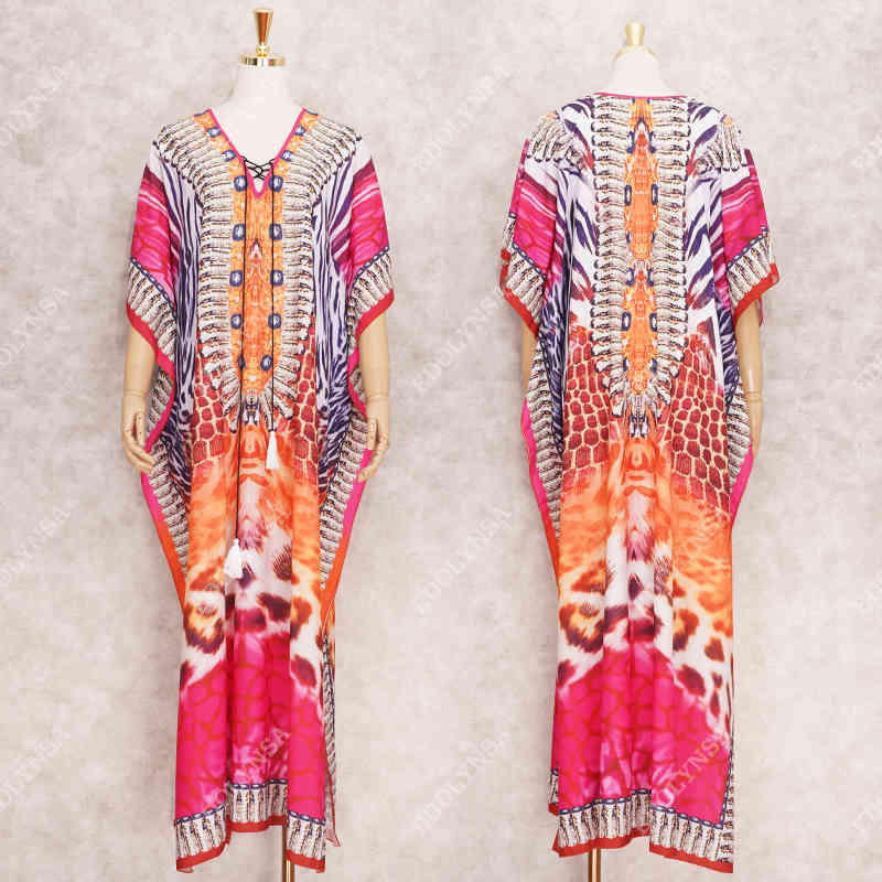 Boho Printed Bikini Cover-ups Elegant V-neck Short Sleeve Plus Size Kaftan Summer Women Beach Wear Swim Suit Cover Up Q1258 210420