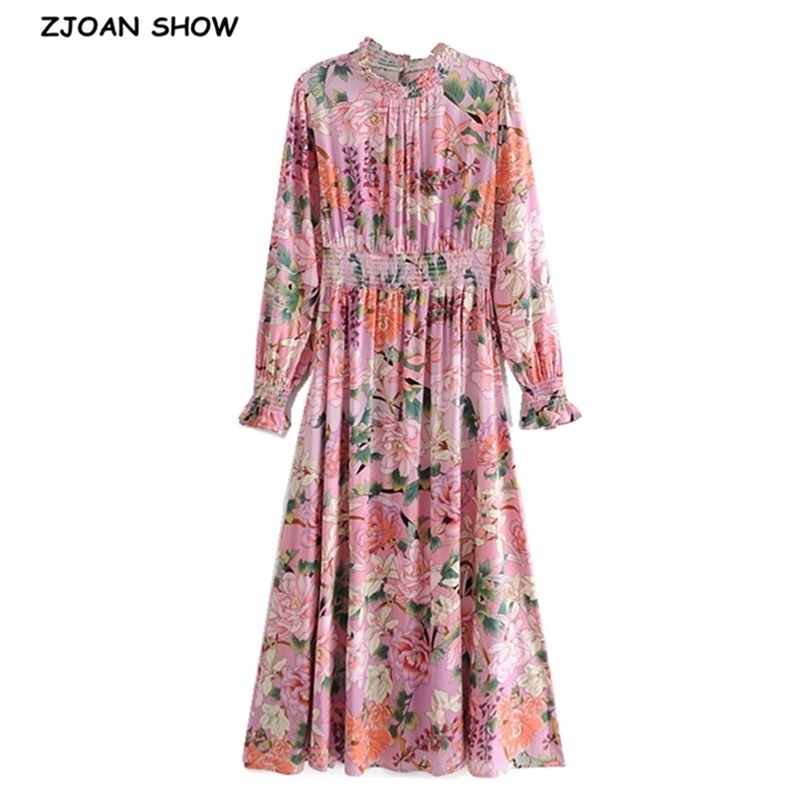 Bohemia Elastic Ruched Turtleneck Pink Floral Print Swing Long Dress Hippie Women Stretch Waist Midi Dresses Holiday Autumn 210429