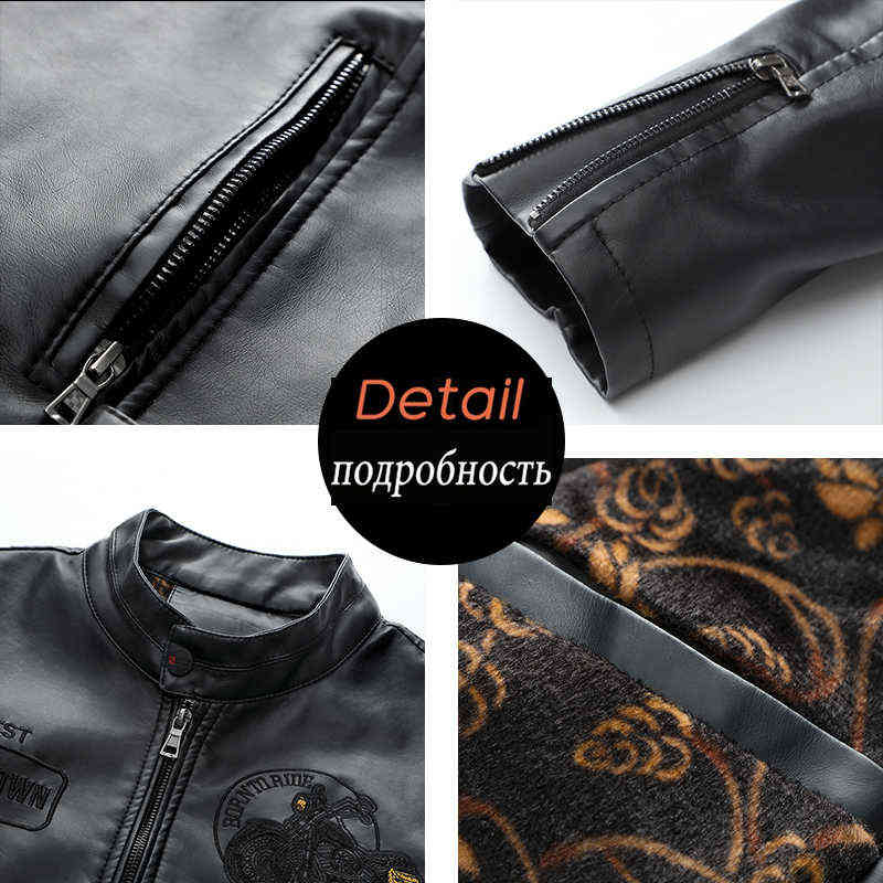 Men's Winter Casual Embroidery Faux Leather Coats Jackets Men Autumn Motorcycle PU Fleece Windproof Jacket Biker For Male 211119