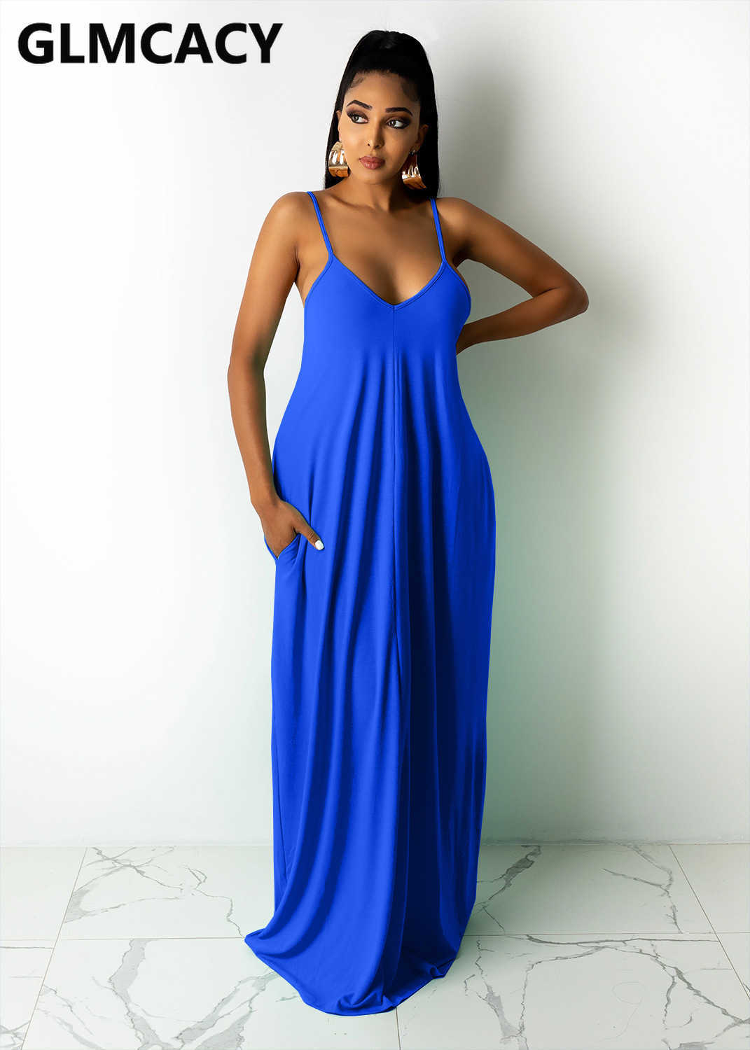 Women Spaghetti Strap Sleeveless Solid Maxi Dress 210702