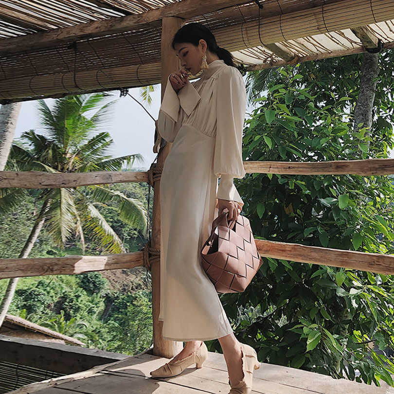 White Elegant Dres autumn Turtlneck Vintage Retro Dress Female Casual Korean Dress Fall Women Clothing 210630