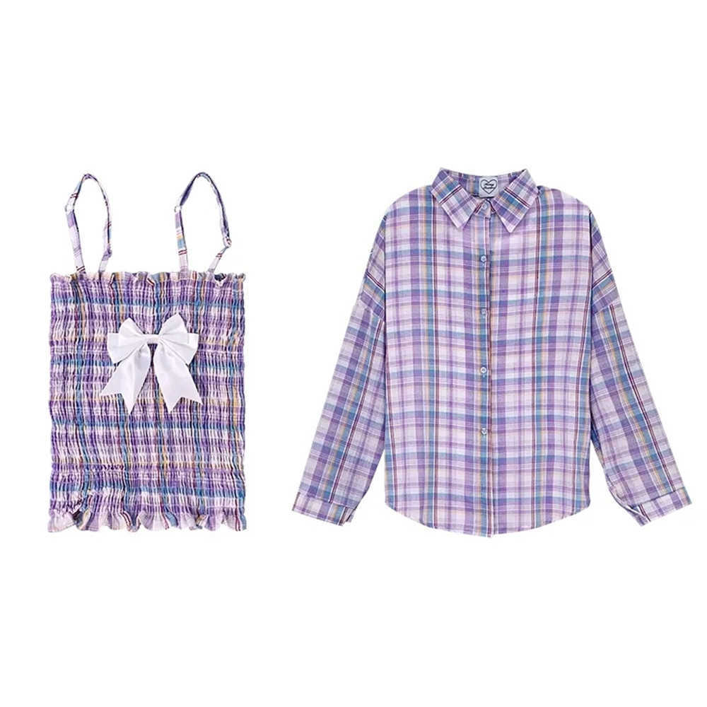 Women Summer Sun Protection 2pcs Set Loose Purple Thin Batwing-Sleeve Plaid Shirts +Sexy Sleeveless Sling Corset Harajuku Wild 210619wtt